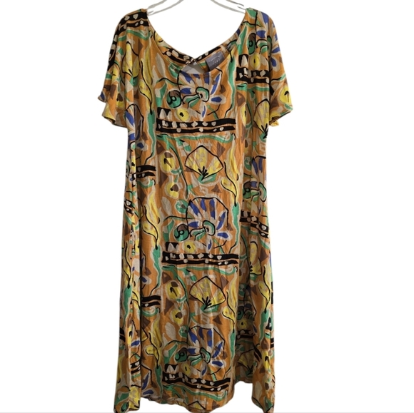 Anthropologie Vanessa Virginia Mina Yellow Print Shift Dress Large Rayon Silk - Picture 2 of 8